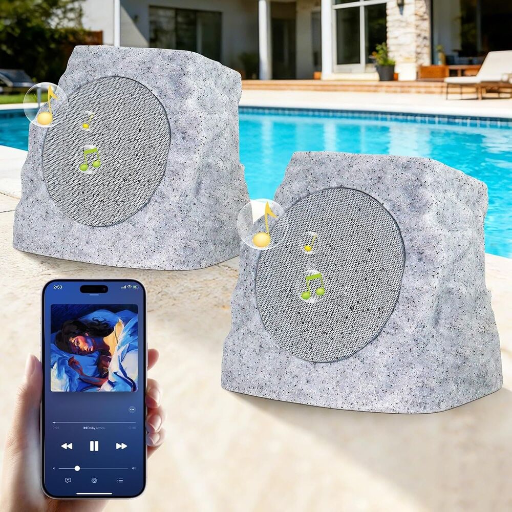 uuffoo 2-Pack Rock Speakers Outdoor Waterproof RGB Lights Solar